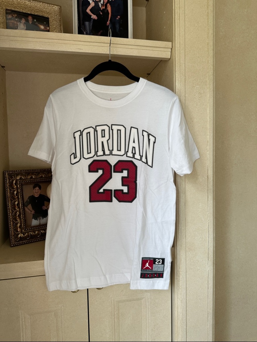 Kids JORDAN  White Tee with Red '23' and Black Outline SIZE 12/13